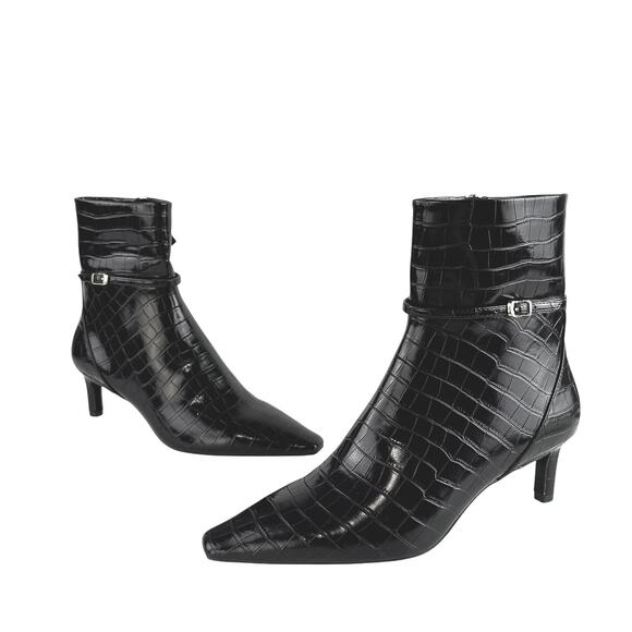 NEW Zara Black Croc Leather Buckle Pointed Toe Heeled Ankle Boots Size 41/US 10 - Picture 5 of 9